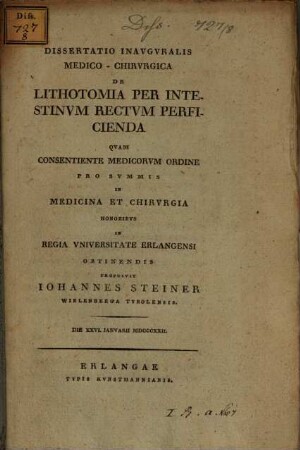 Dissertatio inauguralis medico-chirurgica de lithotomia per intestinum rectum perficienda