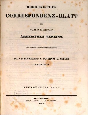 Medicinisches Correspondenzblatt des Württembergischen Ärztlichen Vereins. 19. 1849