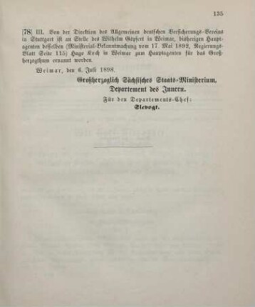 78. Ministerial-Bekanntmachung, betreffend Wechsle in der Hauptagentur des Allgemeinen deutschen Versicherungs-Vereins in Stuttgart