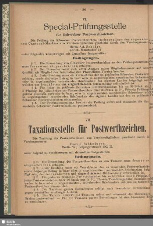 VI. Special-Prüfungsstellen für Schweizer Postwerthzeichen