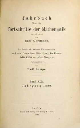 Jahrbuch über die Fortschritte der Mathematik. 21. 1889 (1892)