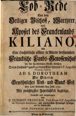 Lob-Rede von dem Heiligen Bischoff ... Kiliano ...