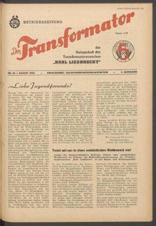 TRO-Betriebszeitung 'Der Transformator'; Nr. 20/1952 (August 1952)