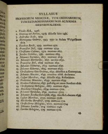 Syllabus Professorum Medicinæ, Tum Ordinariorum, Tum Extraordinariorum in Academia Gryphiswaldensi.