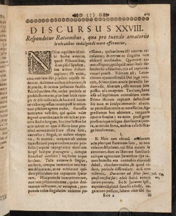 403-416, Discursus XVIII. Respondetur Rationibus, quae pro tuendo amatoriis levitatibus indulgendi more afferuntur.