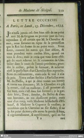 Lettre CCCCXCIII. A Paris, ce Lundi, 13. Décembre, 1688