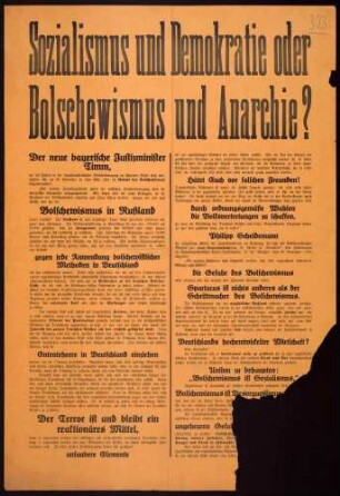 "Sozialismus und Demokratie oder Bolschewismus und Anarchie?" Warnung vor der "Gefahr des Bolschewismus" mit Zitaten von bekannten Politikern