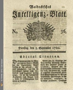 No. 36, Dienstag den 5. September 1780