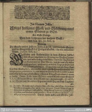 Spiegel heilsamer Busse und Bekehrung eines armen Sünders zu GOtt. Die Erste Predigt. Von dem Ursprung der wahren Busse