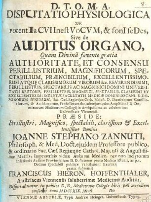 Disputatio Physiologica De Potentia Cui Inest Vocum, & soni sedes, Sive de Auditus Organo