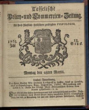 13. Stueck, Montag den 28ten Martii 1763