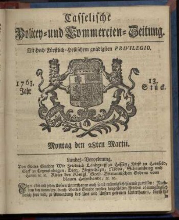 13. Stueck, Montag den 28ten Martii 1763
