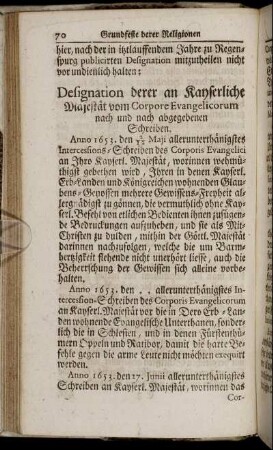 Designation derer an Kayserliche Majestät vom Corpore Evangelicorum nach und nach abgegebenen Schreiben.