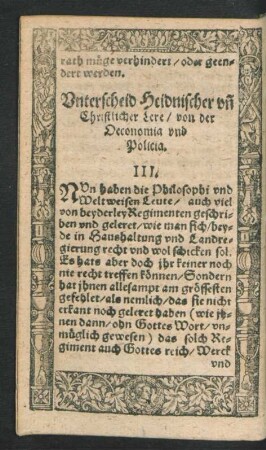Unterscheid Heidnischer und Christlicher Lere/ von der Oeconomia und Politica. III.