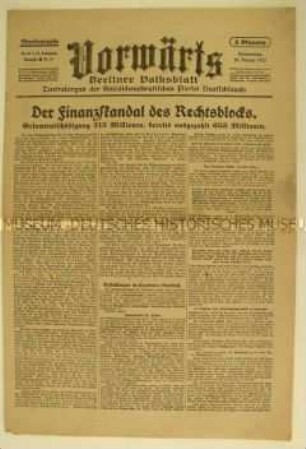 Fragment des Zentralorgans der SPD "Vorwärts" zur Finanzpolitik