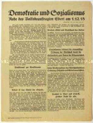 Flugblatt mit einer Rede von Friedrich Ebert am 1. Dezember 1918 zum Sozialismus