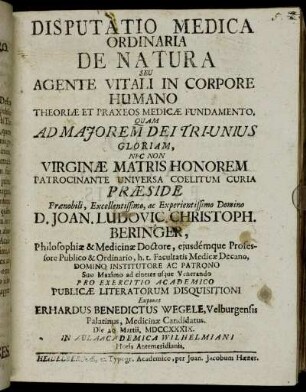 Disputatio Medica Ordinaria De Natura Seu Agente VitaliIin Corpore Humano : Ttheoriæ Et Praxeos Mæedicae Fundamento