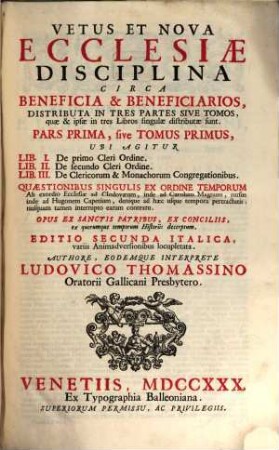 Vetus et nova Ecclesiae Disciplina, 1