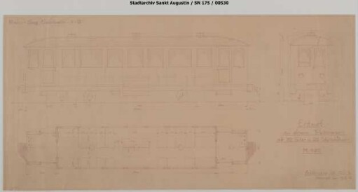 Entwurf für einen Triebwagen. Vierachsiger Wagen, Stangenantrieb an einem Drehgestell, Motor in der Mitte des Fahrgastraumes, nicht ausgeführt