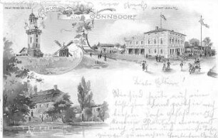 Dresden-Gönnsdorf. Ortsansichten mit Windmühle, kolorierte Ansichtskarte