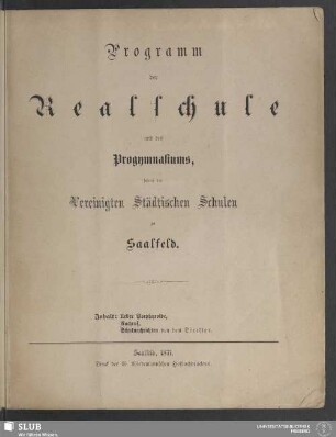 1870/71(1871): Programm der Realschule und des Progymnasiums, sowie der Vereinigten Städtischen Schulen zu Saalfeld