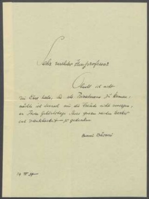 Brief von Benvenuto Busoni an Georg Kolbe
