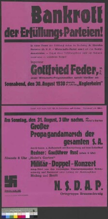 Plakat der NSDAP zu zwei öffentlichen Parteiveranstaltungen mit Wahlkundgebungen am 30. und 31. August 1930 in Braunschweig