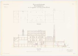 Universität Greifswald Chirurgische und Medizinische Klinik - Wirtschaftsgebäude: Grundriss Dachaufsicht, Längsschnitt 1:100