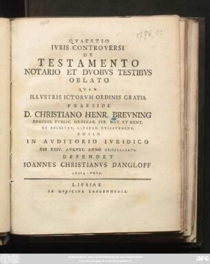 Qvaestio Ivris Controversi De Testamento Notario Et Dvobvs Testibvs Oblato