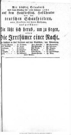 Sie läßt sich herab, um zu siegen, oder Die Irrthümer einer Nacht
