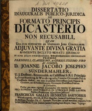 Dissertatio Inauguralis Publico-Iuridica De Formato Principis Dicasterio Non Recusabili
