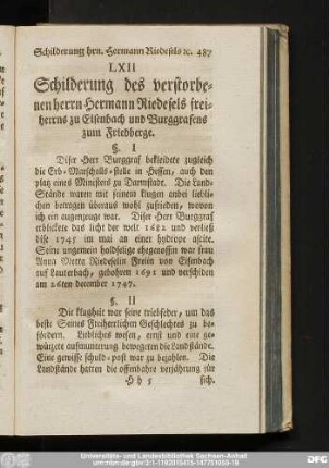LXII Schilderung des verstorbenen herrn Hermann Riedefels freiherrn zu Eisenbach und Burggrafens zum Friedberge.