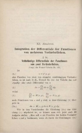 XII. Abschnitt. Integration der Differentiale der Functionen von mehreren Veränderlichen. § 70. Vollständige Differentiale der Functionen von zwei Veränderlichen.
