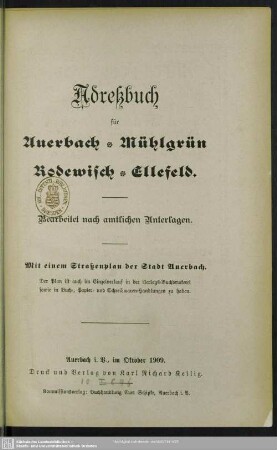 1909: Adreßbuch für Auerbach, Mühlgrün, Rodewisch, Ellefeld