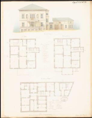 Villa, Gera Monatskonkurrenz April 1878: Grundriss Keller, Erdgeschoss, Obergeschoss, Aufriss Gartenansicht 1:100; Maßstabsleiste, Raumplan