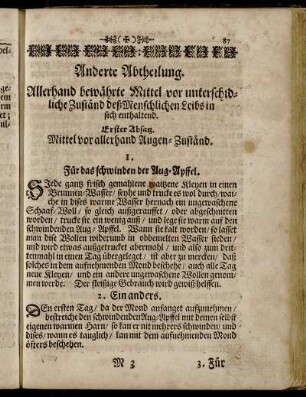 Anderte Abtheilung. Allerhand bewährte Mittel vor unterschidliche Zuständ deß Menschlichen Leibs in sich enthaltend