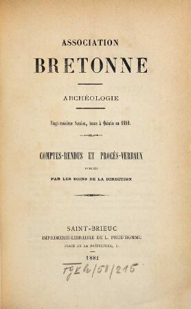 Comptes rendus, procès-verbaux, mémoires. 23. 1880. Session, tenue à Quintin. - 1881