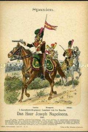 Uniformdarstellung, Lancier, Trompeter und Offizier des 7. Kavallerie-Regiments, Königreich Spanien, 1811.
