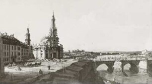 Dresden vom linken Elbufer oberhalb des Altstädter Brückenkopfes
