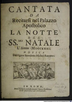 Cantata da recitarsi nel Palazzo Apostolico la notte del SS.mo Natale l'anno MDCCXXXI