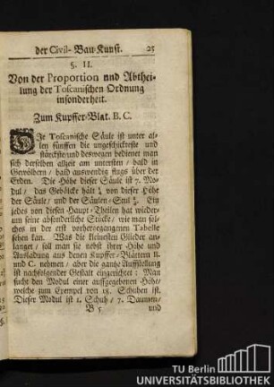 Von der Proportion und Abtheilung der Toscanischen Ordnung insonderheit zum Kupfer Blat B.C.