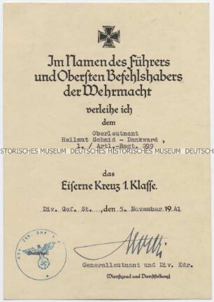 Verleihungsurkunde der 299. Infanterie-Division zum Eisernen Kreuz 1. Klasse für einen Oberleutnant