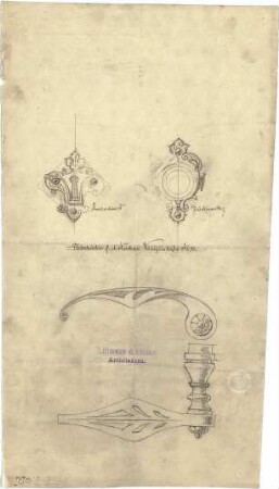 Littmann, Max; Archiv Littmann, Mappe 9, Gitter, Türen, Fenster (Schlosserarbeiten) - Türdrücker für den Neubau, Königinstr. 13 (Ansichten, Details)