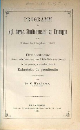 Bruchstücke einer afrikanischen Bibelübersetzung in der pseudocyprianischen Schrift Exhortatio de paenitentia