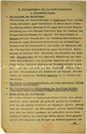 Vortragsthemen zur politischen Aufklärung im Ersten Weltkrieg