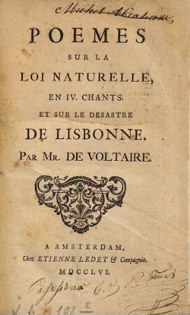 Poemes Sur La Loi Naturelle En IV. Chants Et Sur Le Désastre de Lisbonne