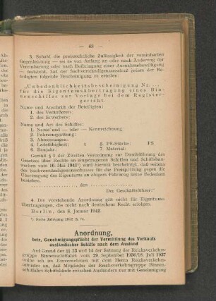 Anordnung, betr. Genehmigungspflicht der Vermittlung des Verkaufs ausländischer Schiffe nach dem Ausland