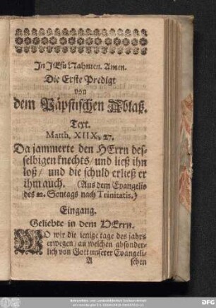 Die Erste Predigt von dem Päbstischen Ablaß.