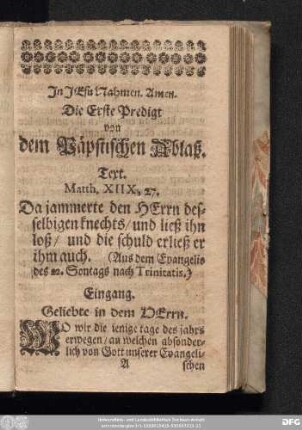 Die Erste Predigt von dem Päbstischen Ablaß.