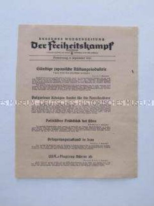 Nachrichtenblatt der sächsischen NSDAP-Zeitung "Der Freiheitskampf" mit einer Bilanz über die japanische Rüstungsindustrie